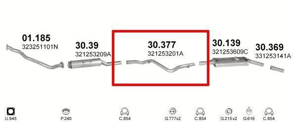 Kipufogócső, VW Passat 1.6D közép 80-88