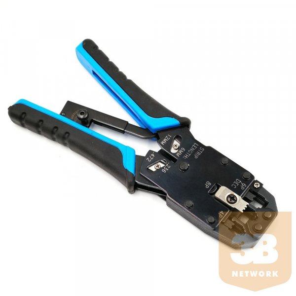UTP és FTP RJ45 Krimpelő fogó 4P/6P/8P racsnis, fém, homloknyomós (RJ45,
RJ11, RJ12)