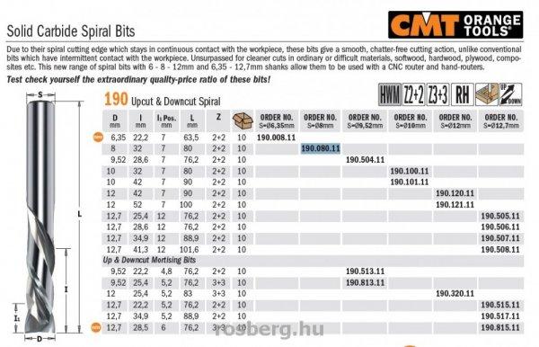 Felsőmaró CMT 190.080.11 tömör keményfém spirálmaró