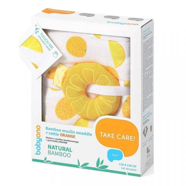 BabyOno Bambusz kifogó csörgővel, 120x120 #536-03/Orange