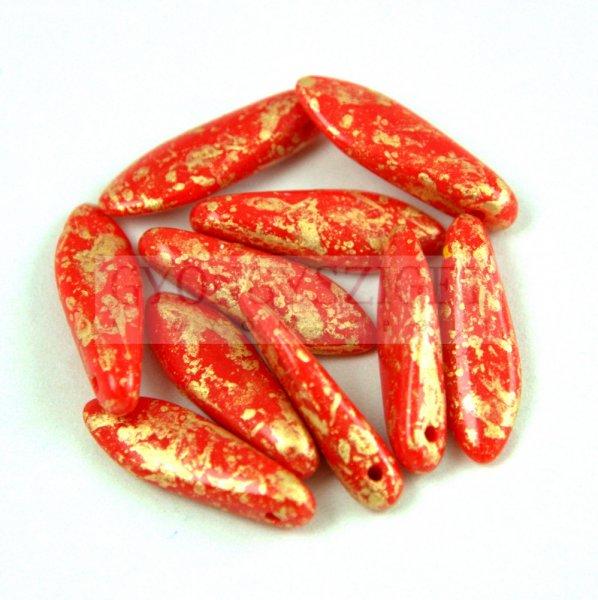 Lándzsa (szirom) cseh préselt üveggyöngy - Coral Red Gold Patina - 5x16mm