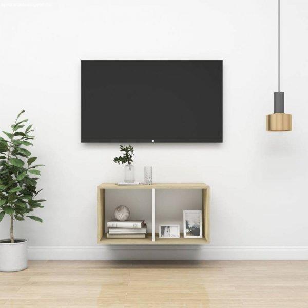 Fehér és tölgyszínű forgácslap fali tv-szekrény 37 x 37 x 72 cm