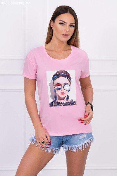 Trikó nyomtatott szemüveges nő motívummal púder rózsaszín