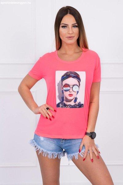 Trikó nyomtatott szemüveges nő motívummal neon rózsaszín