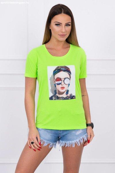 Trikó nyomtatott szemüveges nő motívummal neon zöld