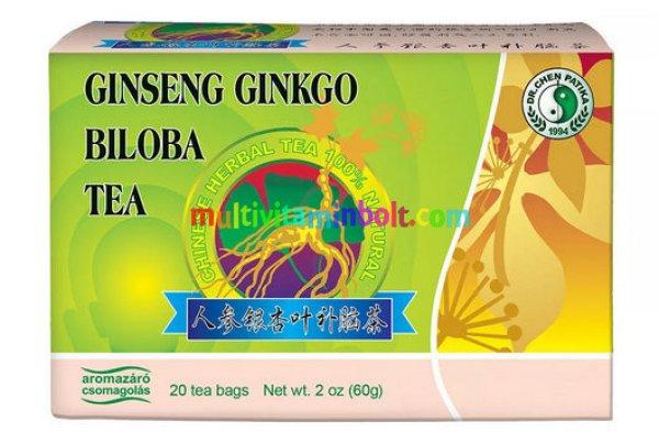Ginseng, Ginkgo biloba Zöld tea 20 db filter, zöldtea, ginkgo levél, ginseng
gyökér, aromazáró csomagolás - Dr. Chen