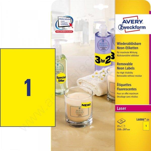 L6006-25 Avery visszaszedhető neonsárga címke 210x297mm