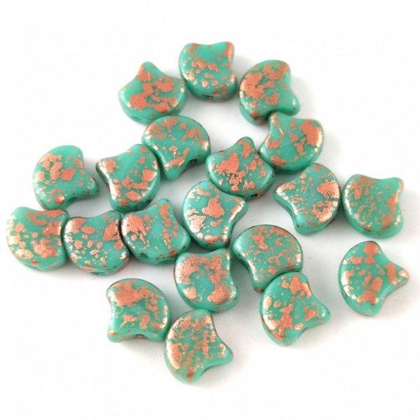 Ginko - cseh préselt kétlyukú gyöngy - Turquoise Green Copper Patina - 7.5 x
7.5 mm