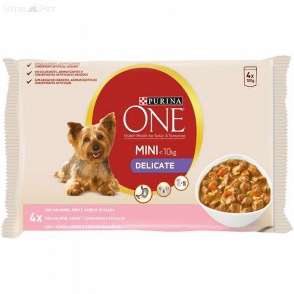 Purina ONE 4x85 g MINI DELICATE Lazac+rizs+sárgarépa szószban