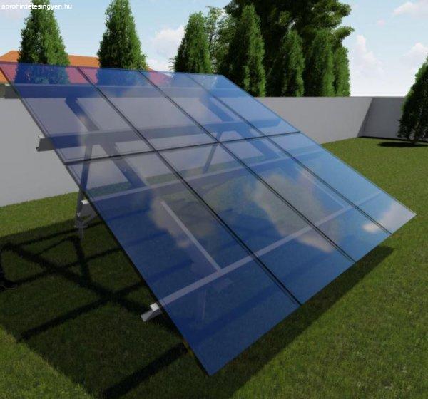 Földre telepíthető napelem-tartószerkezet 30°-os dőlésszög, 8 napelem,
1750mm, függőleges szerelés
