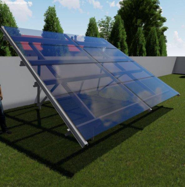 Földre telepíthető napelem-tartószerkezet 30°-os dőlésszög, 8 napelem,
1750mm, vízszintes szerelés