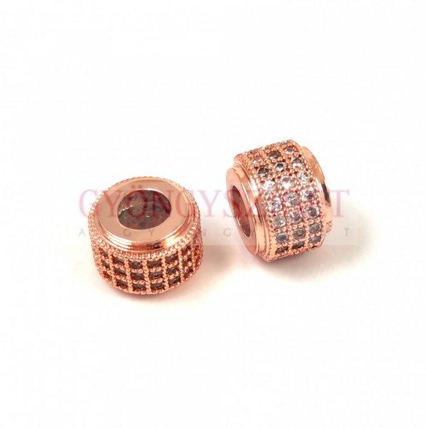 Fém gyöngy - Henger - Rose Gold színű - kristály cirkóniás - 9x6mm