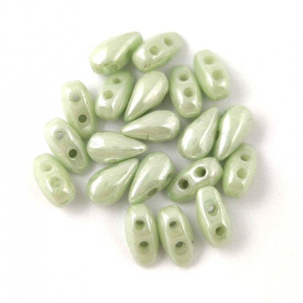 DropDuo - cseh préselt kétlyukú gyöngy - White Light Green Luster - 3x6mm