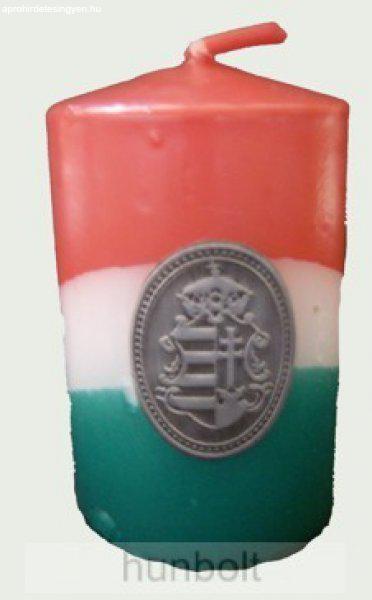 Nemzeti színű henger gyertya 10cm, ón Kossuth címerrel (3,2x4 cm)
