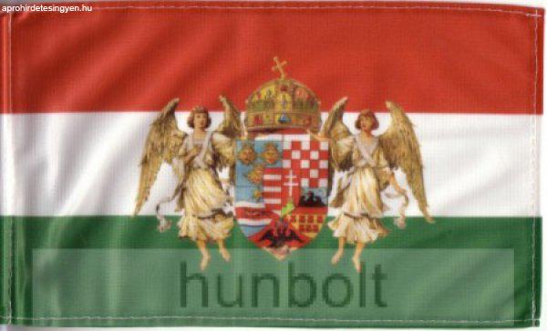 Nemzeti színű barna angyalos zászló 15x25 cm, 40 cm-es műanyag rúddal
