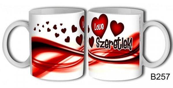 Szerelmes bögre, szeretlek, love, piros szívek