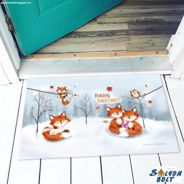 Karácsonyi lábtörlő, kis rókák a hóban