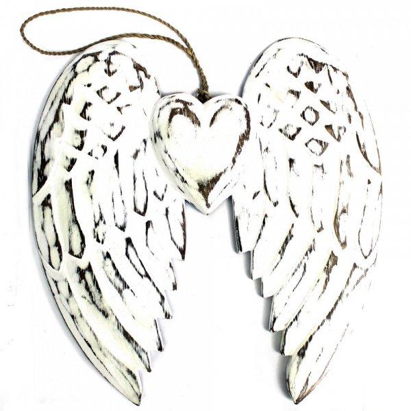Fali dekoráció, Kettős angyal szárny szívvel, 24cm