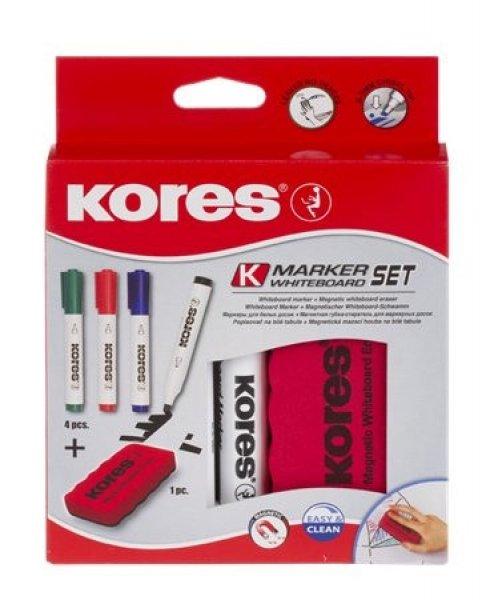Tábla- és flipchart marker készlet mágneses táblatörlő szivaccsal, 1-4
mm, vágott, Kores, 4 különböző szín, 4 db/készlet (IK20865)