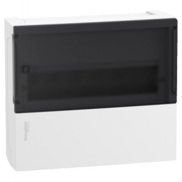 Schneider RESI9 MP Kiselosztó, füstszínű átlátszó ajtó, falon kívüli,
1x12 modul, PEN sín, komplett, fehér