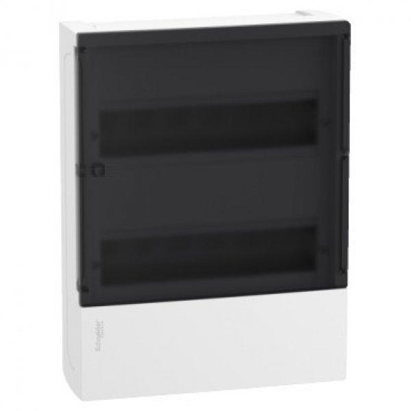 Schneider RESI9 MP Kiselosztó, füstszínű átlátszó ajtó, falon kívüli,
2x12 modul, PEN sín, komplett, fehér