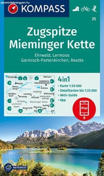 WK 25 - Zugspitze, Mieminger Kette, Ehrwald, Lermoos, Garmisch-Partenkirchen,
Reutte turistatérkép - KOMPASS