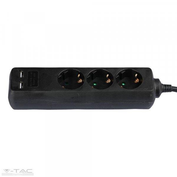 3 csatlakozós hosszabító-elosztó 5m fekete 2db USB porttal 2,4A - 8777 V-TAC