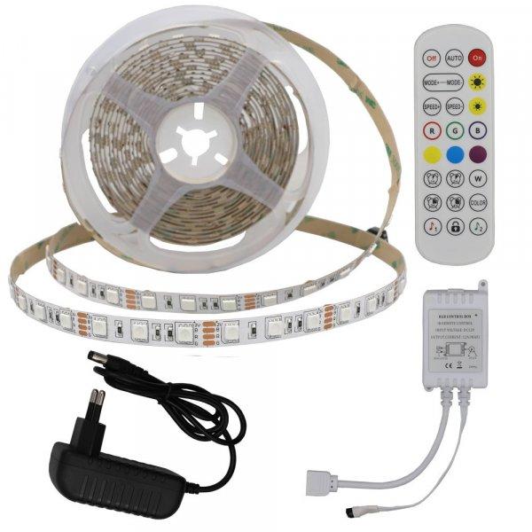 RGB LED szett02:5m DC12V 5050 60SMD/m IP20 RGB LED
szalag+tápegység+vezérlő+távirányító - 8W/m,480lm/m,10mm