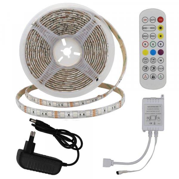 RGB LED szett03:5m DC12V 5050 60SMD/m IP54 RGB LED
szalag+tápegység+vezérlő+távirányító - 8W/m,480lm/m,10mm