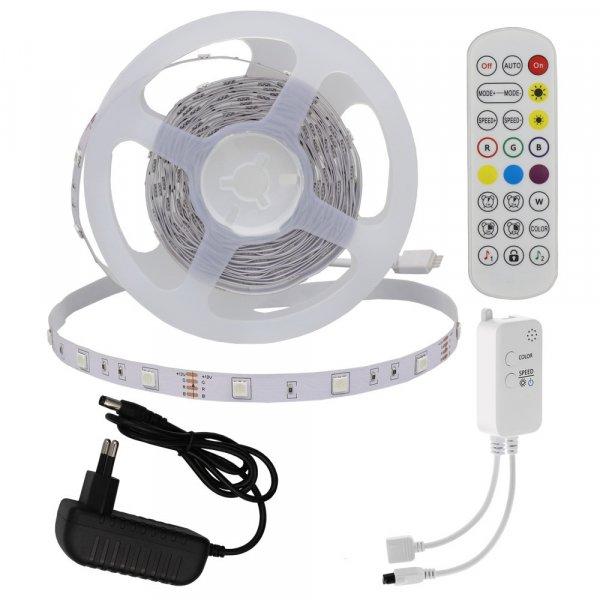 RGB LED Bluetooth01: 5m DC12V 5050 30SMD/m IP20 RGB LED szalag+adapter
tápegység+Bluetooth vezérlő+távirányító - 4W/m,240lm/m,10mm