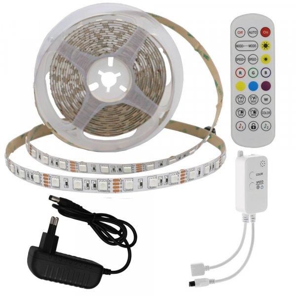RGB LED Bluetooth02: 5m DC12V 5050 60SMD/m IP20 RGB LED szalag+adapter
tápegység+Bluetooth vezérlő+távirányító - 8W/m,480lm/m,10mm
