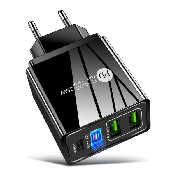 Gyorstöltő fej, max 36W;3USB port; Power Delivery, fekete