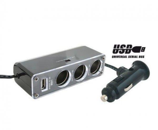 SAL SA 023 Autós feszültség elosztó, 3-as + USB csatlakozó
