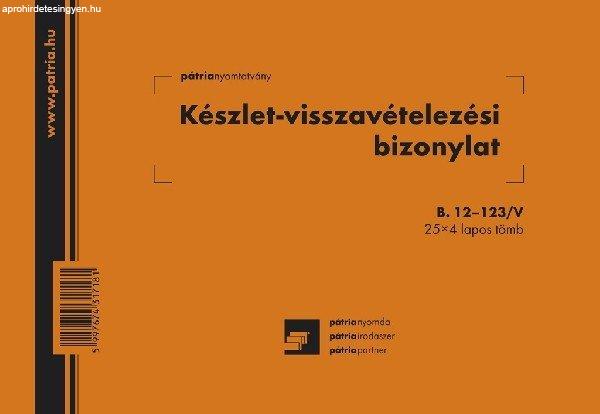 Készlet visszavételezési bizonylat 8 tételes 25x4 lapos tömb A/5 fekvő
B.12-123/V