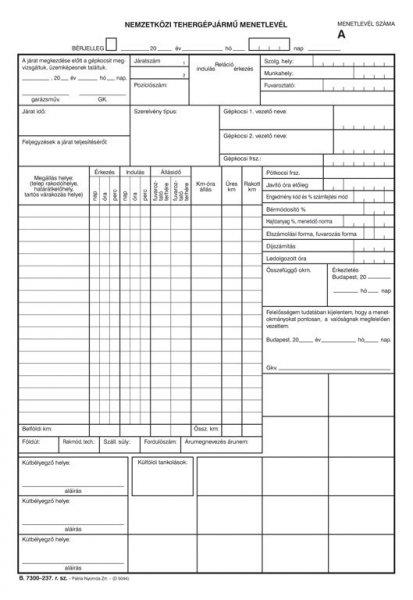 Nemzetközi tehergépjármű menetlevél szabadlap A/4 álló B.7300-237