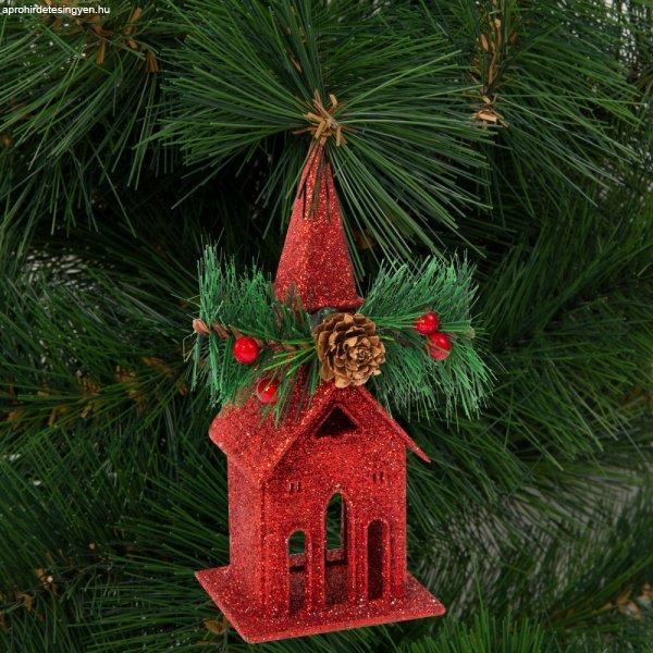 Karácsonyi glitteres templom akasztóval - 16 x 6,5 cm - piros 58677A
