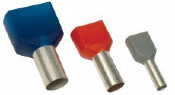 Szigetelt (PA6.6) iker-érvéghüvely 2×1mm2, l=8mm, ónoz. elektr.réz, piros
