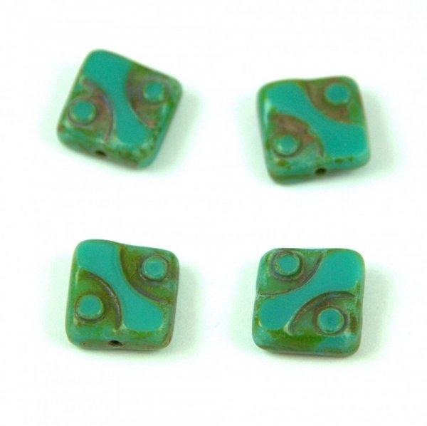 Cseh table cut gyöngy - hosszában fúrt pöttyös négyzet - 63130-86805 -
Turquoise Green Picasso- 10x10mm
