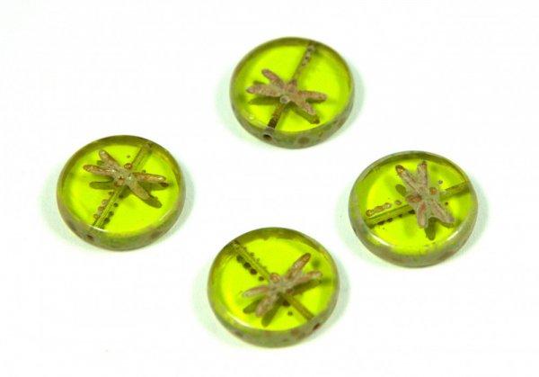 Cseh table cut gyöngy - hosszában fúrt kerek szitakötő mintás -
Transparent Light Olive Picasso - 50120-86800 - 17 mm