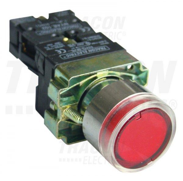 Tok. világító nyomógomb, fémalap, piros,glim, izzó nélkül 1×NC, 3A/400V
AC, 230V, IP44