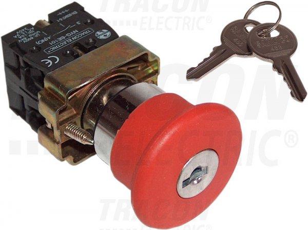 Tokozott reteszelt gombafejű vészgomb, piros, kulcsos 1×NC, 3A/400V AC, IP44,
d=40mm