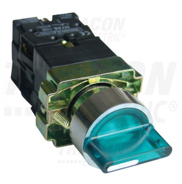 Világítókaros kapcsoló, fémalap, zöld, LED, 3állású, izzó n.
1×NC+1×NO, 3A/400V AC, IP42