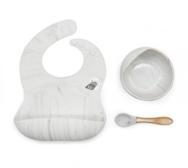 Szilikon étkészlet babáknak, állítható előke és vákuumtalpas tányér
kanálkával - fehér márvány