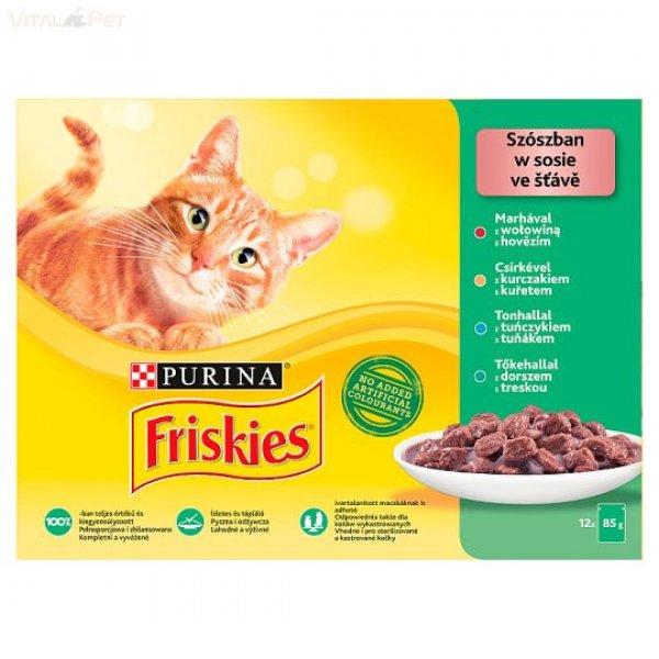 Friskies 12 pack alutasakos macskaeledel (marha/csirke/tonhal/tőkehal) szószos