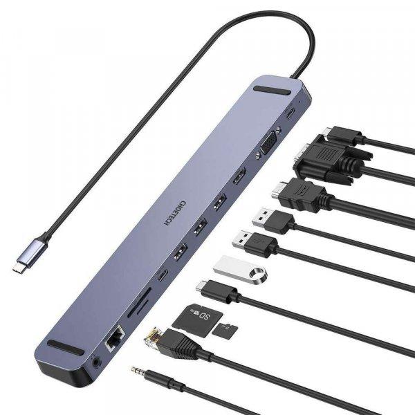 Choetech HUB-M20 HUB adapter, Type-C / HDMI + VGA + RJ-45 + 3,5mm Jack + SD +
Micro SD + 2x Type-C + 3x USB (HDMI (4K UHD @ 60Hz), VGA (1920x1080p @ 60Hz),
PD, USB 3.0), 100W - HUB-M20, Szürke