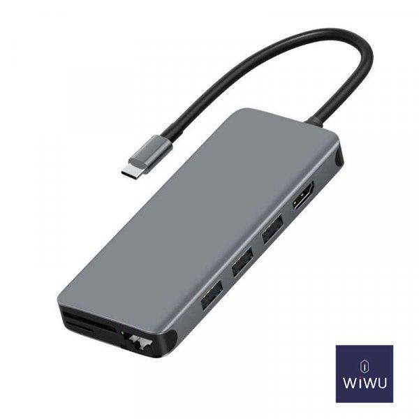 WiWU USB-C Hub + 3xUSB3.0, 3xUSB2.0, 1x HDMI, 1x RJ45, 1x SD, 1x TF, 1x 3.5mm
Audio, 1x USB-C adapter Alpha 12in1 - Szürke
