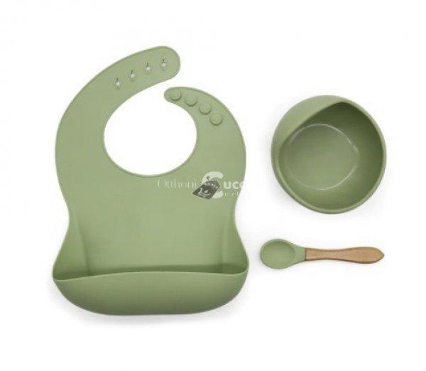 Szilikon étkészlet babáknak, állítható előke és vákuumtalpas tányér
kanálkával - - Zöld