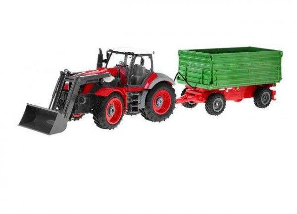 Távirányítós traktor piros színben, zöld pótkocsival
