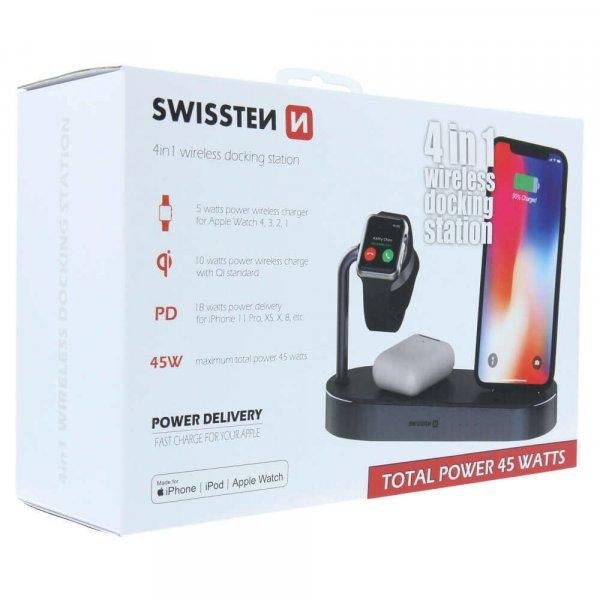 Swissten 4in1 vezeték nélküli MFI töltőállomás, 45W, iPhone, iWatch,
Airpods/Pro