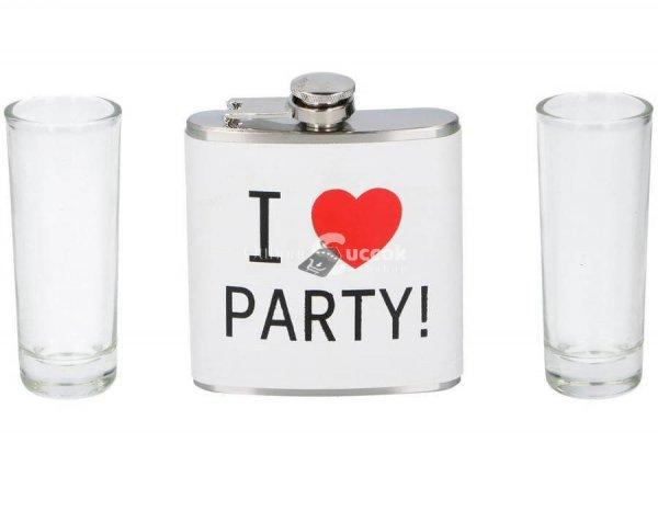Flaska és 2 röviditalos pohár - I love Party felirattal
